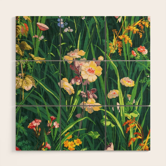 Riot of colorful flowers landscape floral painting, grass with lavender, yellow and pink wildflowers Wood Wall Art Gallery Image 1
