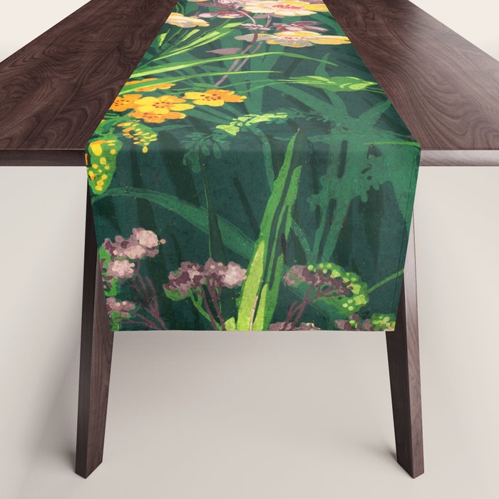 Riot of colorful flowers landscape floral painting, grass with lavender, yellow and pink wildflowers Table Runner Gallery Image 1