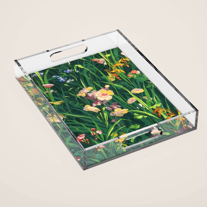 Riot of colorful flowers landscape floral painting, grass with lavender, yellow and pink wildflowers Acrylic Tray Gallery Image 1