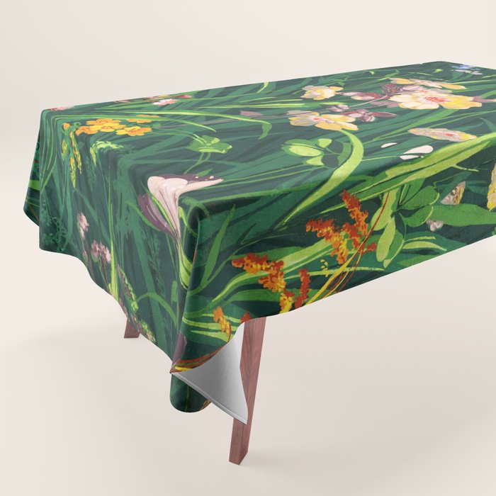 Riot of colorful flowers landscape floral painting, grass with lavender, yellow and pink wildflowers Tablecloth Gallery Image 1