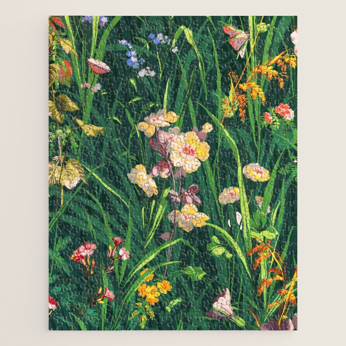 Riot of colorful flowers landscape floral painting, grass with lavender, yellow and pink wildflowers Jigsaw Puzzle Gallery Image 1