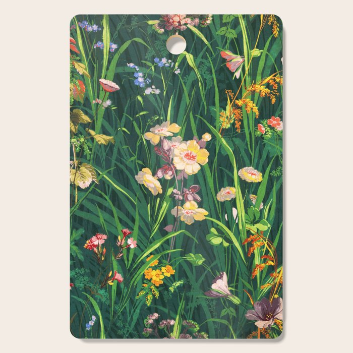 Riot of colorful flowers landscape floral painting, grass with lavender, yellow and pink wildflowers Cutting Board Gallery Image 1