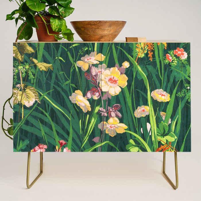 Riot of colorful flowers landscape floral painting, grass with lavender, yellow and pink wildflowers Credenza Gallery Image 1