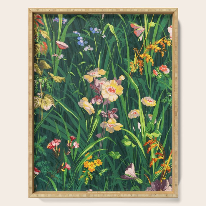 Riot of colorful flowers landscape floral painting, grass with lavender, yellow and pink wildflowers Serving Tray Gallery Image 1