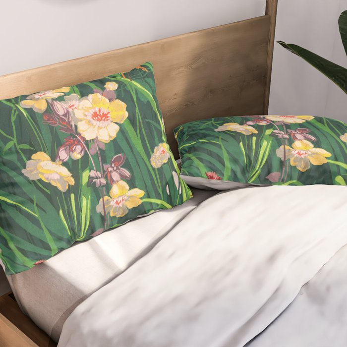 Riot of colorful flowers landscape floral painting, grass with lavender, yellow and pink wildflowers Pillow Sham Gallery Image 2