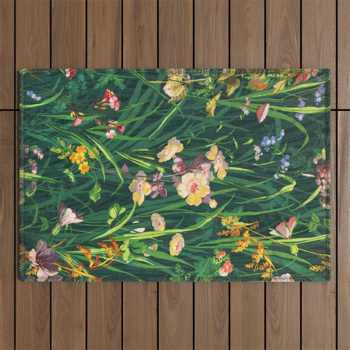 Riot of colorful flowers landscape floral painting, grass with lavender, yellow and pink wildflowers Outdoor Rug Gallery Image 1