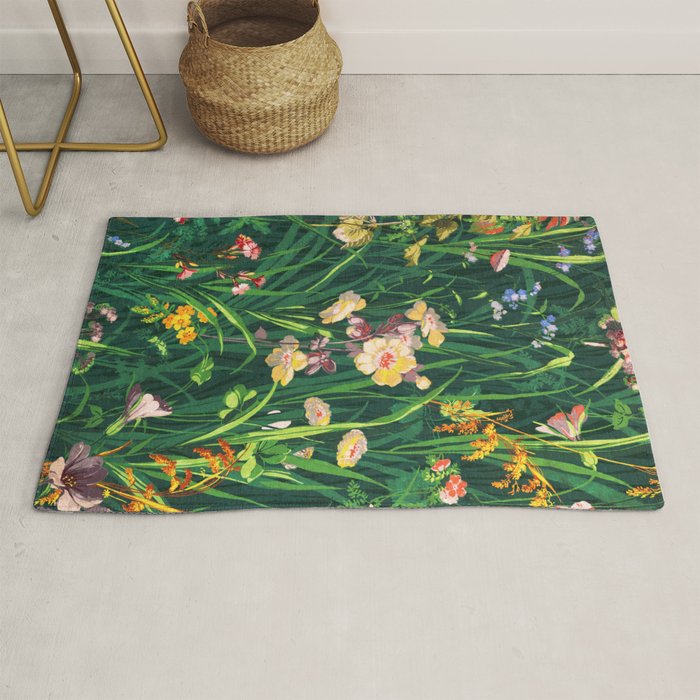 Riot of colorful flowers landscape floral painting, grass with lavender, yellow and pink wildflowers Rug Gallery Image 1