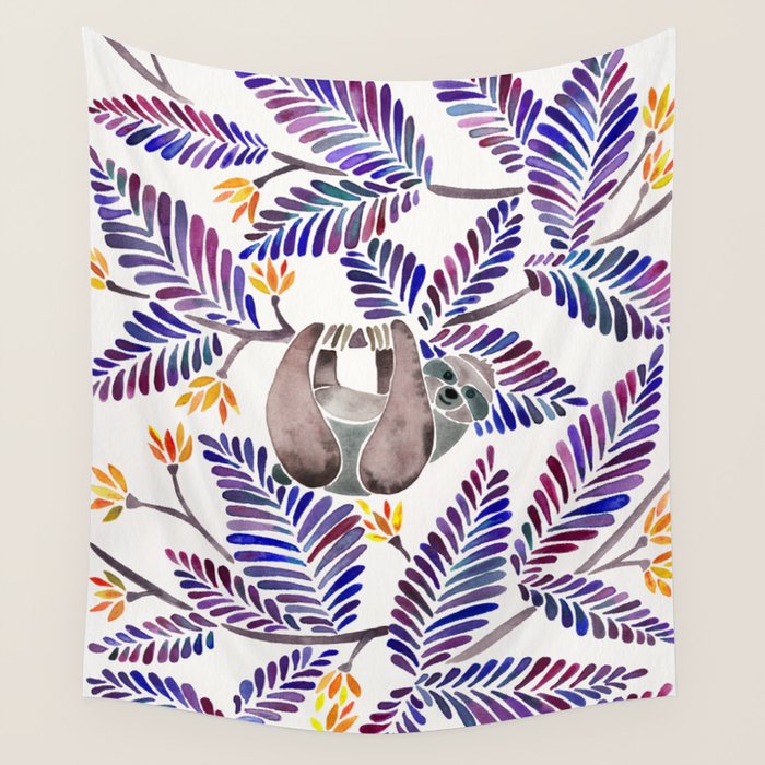 Happy Sloth - Tropical Indigo Leaves Wall Tapestry Gallery Image 4