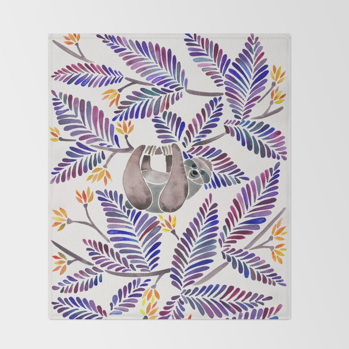 Happy Sloth - Tropical Indigo Leaves Throw Blanket Gallery Image 2