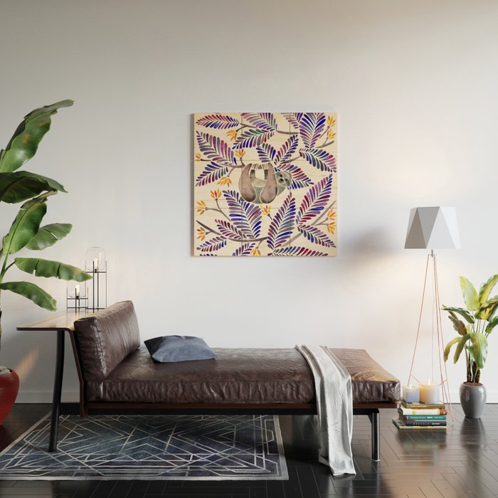Happy Sloth - Tropical Indigo Leaves Wood Wall Art Gallery Image 2