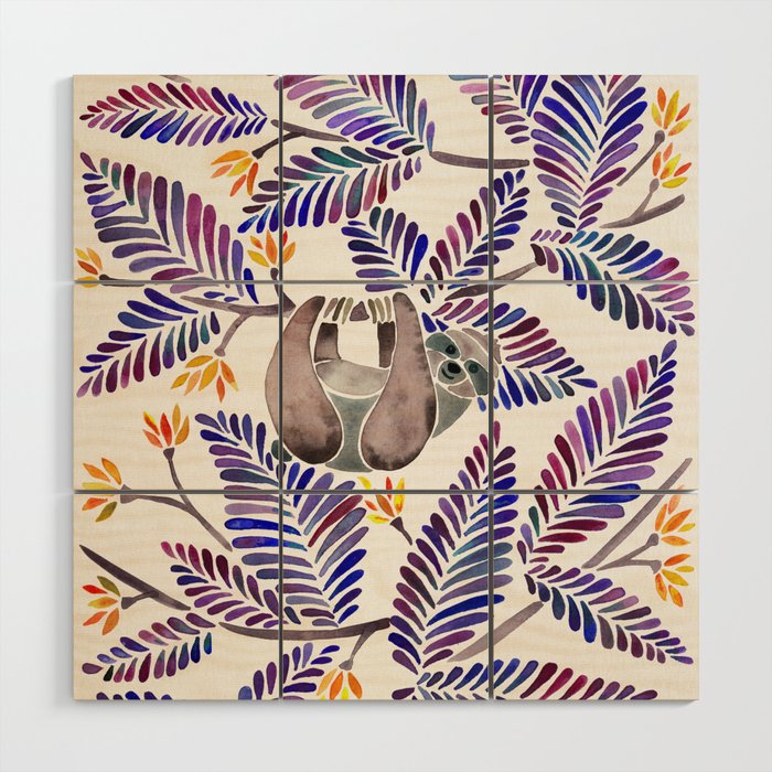 Happy Sloth - Tropical Indigo Leaves Wood Wall Art Gallery Image 1