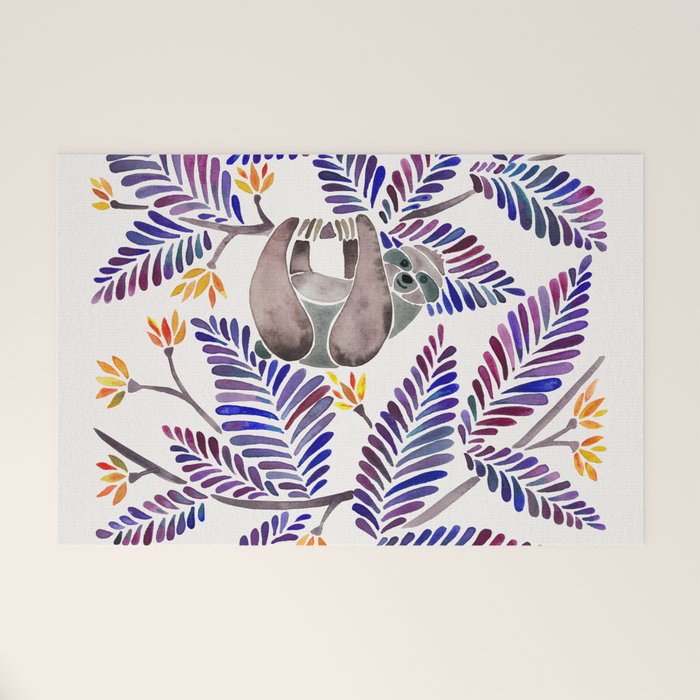 Happy Sloth - Tropical Indigo Leaves Welcome Mat Gallery Image 1