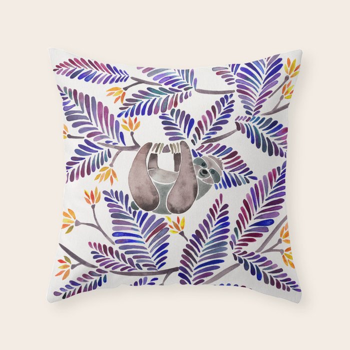 Happy Sloth - Tropical Indigo Leaves Throw Pillow Gallery Image 6