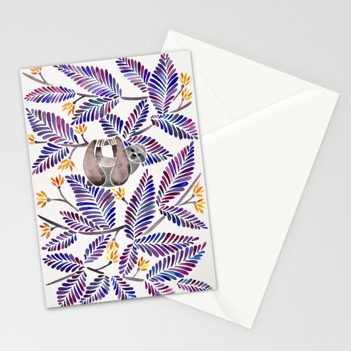 Happy Sloth - Tropical Indigo Leaves Stationery Card Gallery Image 2