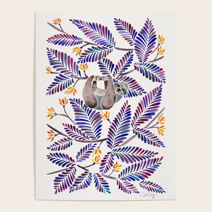 Happy Sloth - Tropical Indigo Leaves Poster Gallery Image 4