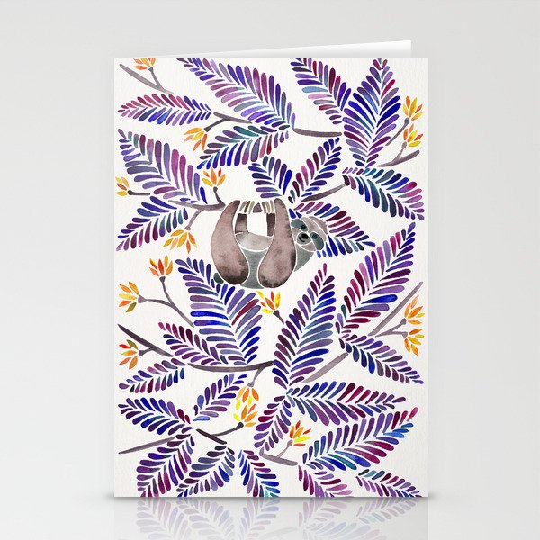 Happy Sloth - Tropical Indigo Leaves Stationery Card Gallery Image 1