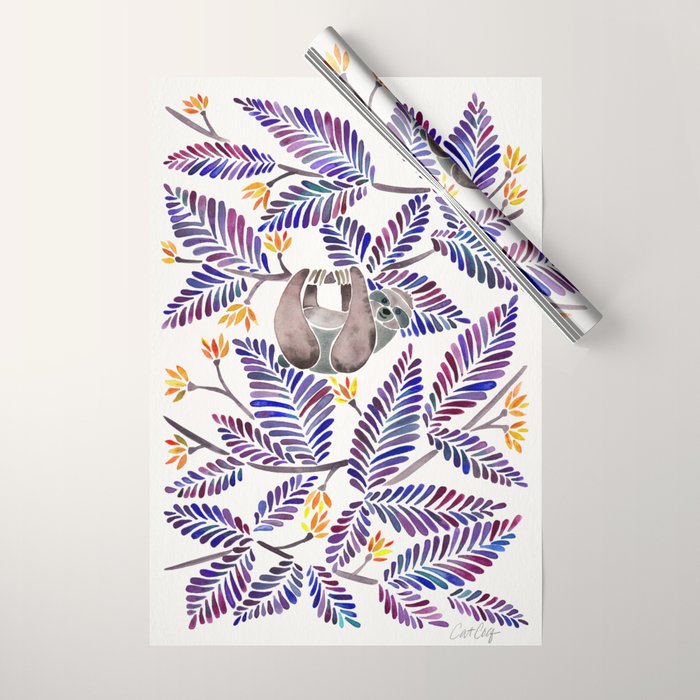 Happy Sloth - Tropical Indigo Leaves Wrapping Paper Gallery Image 1