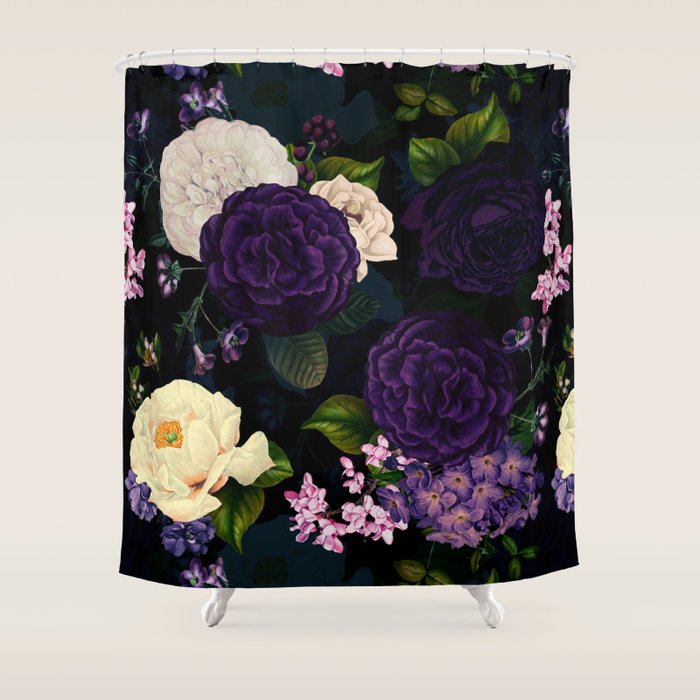 Vintage Midnight Purple Botanical Roses Flower Garden Shower Curtain Gallery Image 1