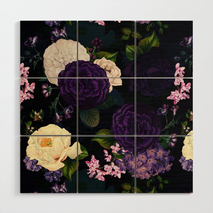 Vintage Midnight Purple Botanical Roses Flower Garden Wood Wall Art Gallery Image 1