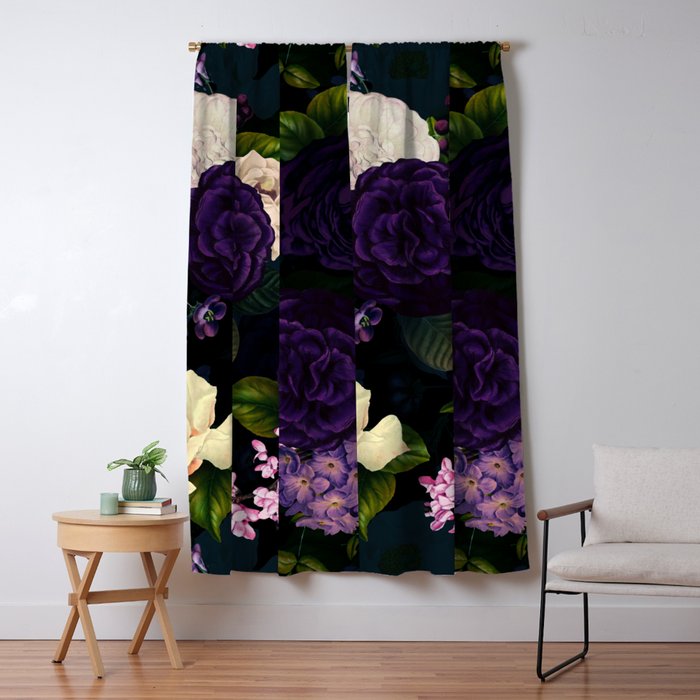 Vintage Midnight Purple Botanical Roses Flower Garden Window Curtain Gallery Image 1