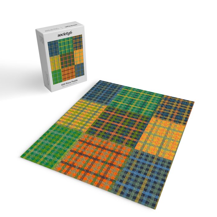 Gingham Patchwork Checkered Plaid Pattern Green Blue Orange Jigsaw Puzzle Gallery Image 2