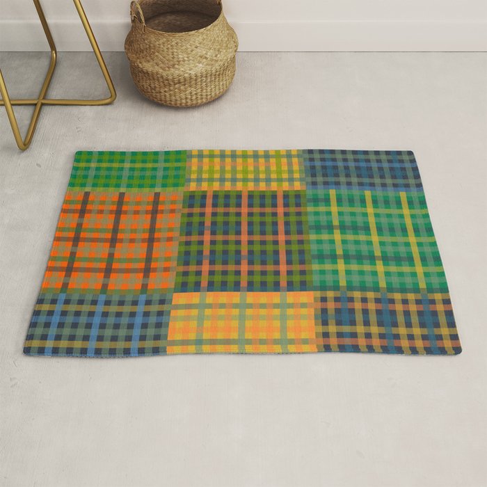 Gingham Patchwork Checkered Plaid Pattern Green Blue Orange Rug Gallery Image 1