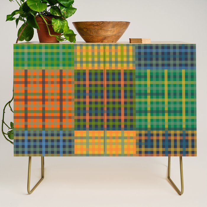 Gingham Patchwork Checkered Plaid Pattern Green Blue Orange Credenza Gallery Image 1