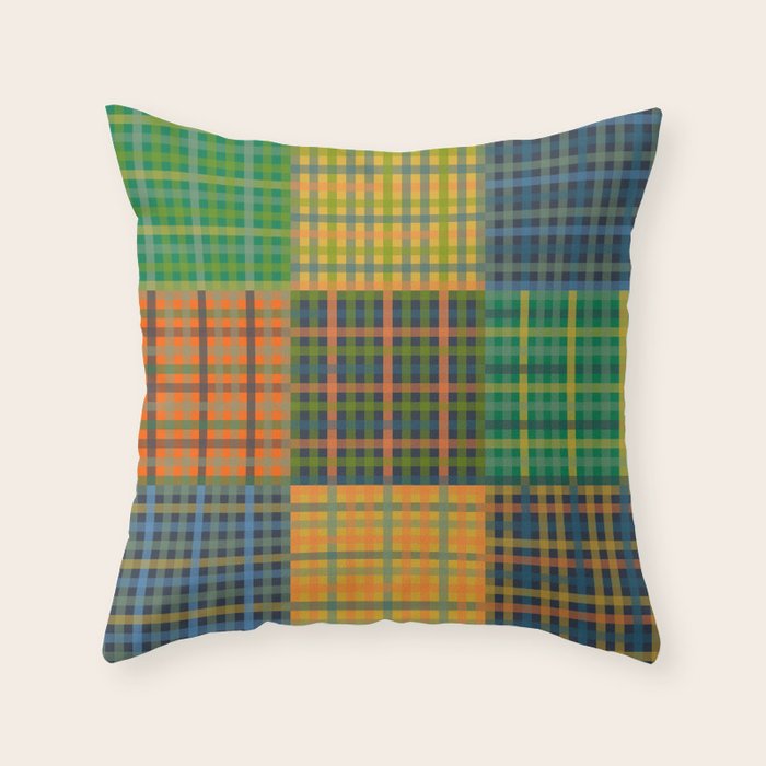 Gingham Patchwork Checkered Plaid Pattern Green Blue Orange Throw Pillow Gallery Image 6
