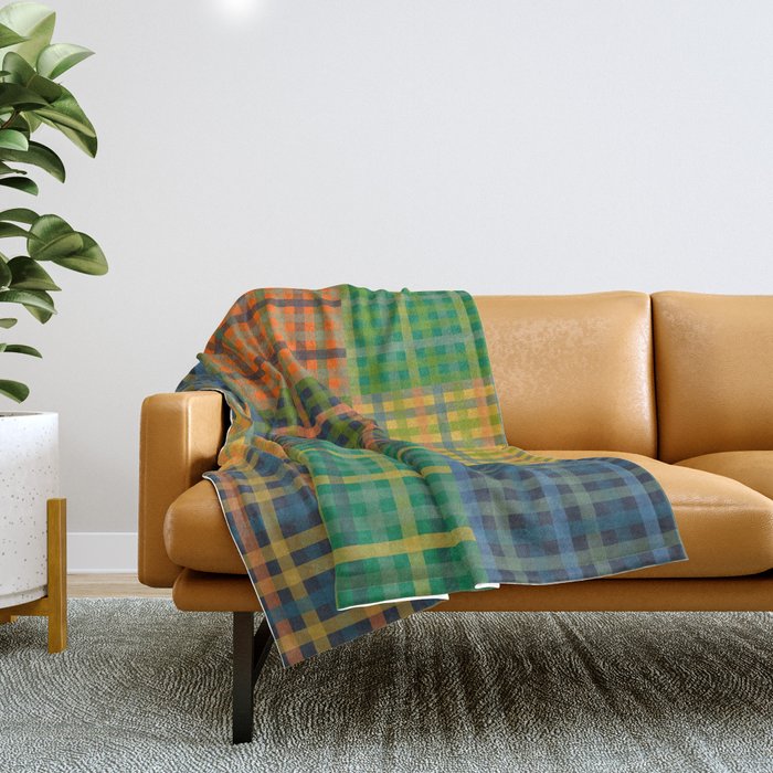Gingham Patchwork Checkered Plaid Pattern Green Blue Orange Throw Blanket Gallery Image 1