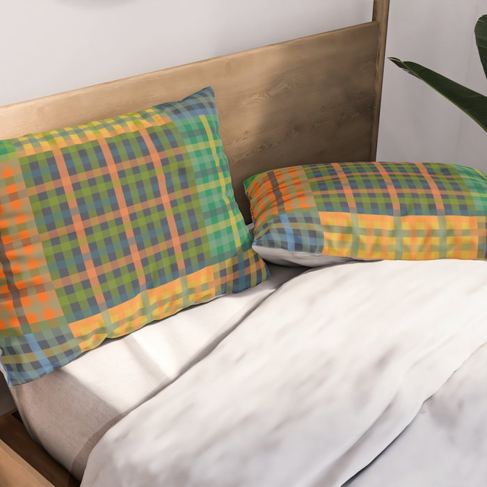 Gingham Patchwork Checkered Plaid Pattern Green Blue Orange Pillow Sham Gallery Image 2