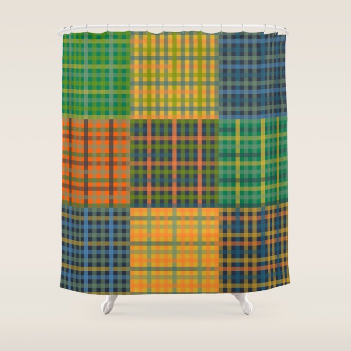 Gingham Patchwork Checkered Plaid Pattern Green Blue Orange Shower Curtain Gallery Image 1