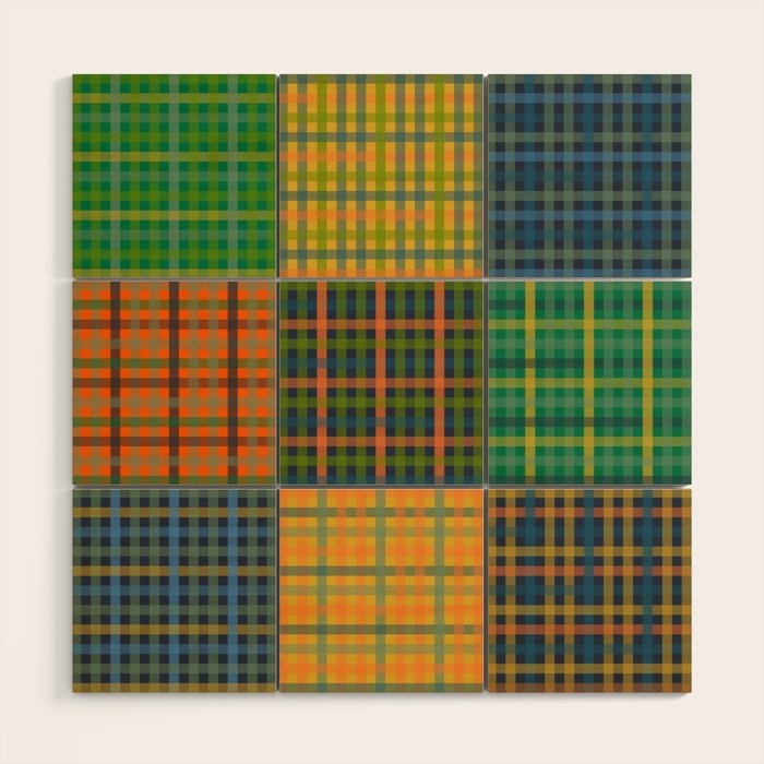 Gingham Patchwork Checkered Plaid Pattern Green Blue Orange Wood Wall Art Gallery Image 1