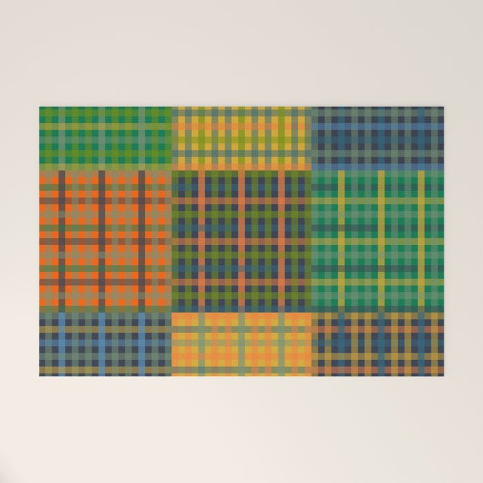 Gingham Patchwork Checkered Plaid Pattern Green Blue Orange Welcome Mat Gallery Image 1