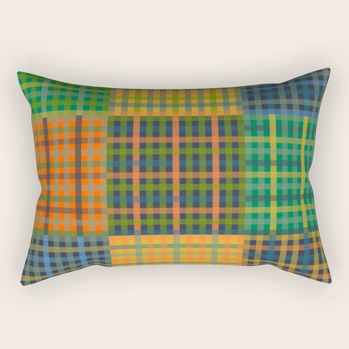 Gingham Patchwork Checkered Plaid Pattern Green Blue Orange Rectangular Pillow Gallery Image 2