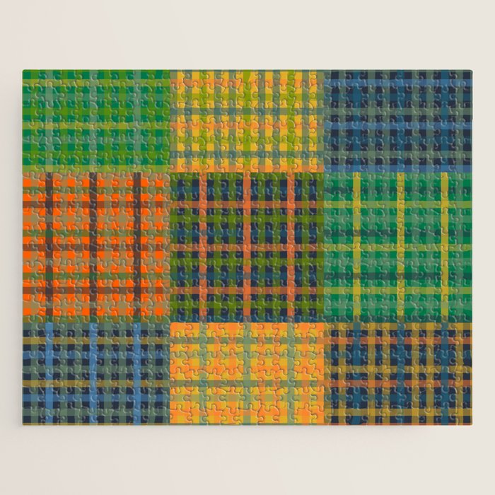 Gingham Patchwork Checkered Plaid Pattern Green Blue Orange Jigsaw Puzzle Gallery Image 1