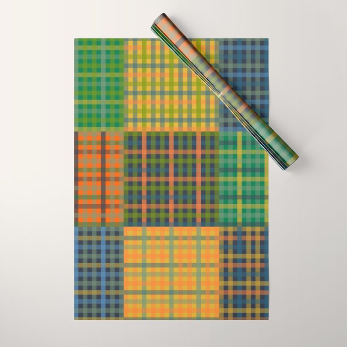 Gingham Patchwork Checkered Plaid Pattern Green Blue Orange Wrapping Paper Gallery Image 1