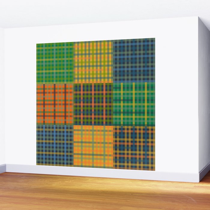 Gingham Patchwork Checkered Plaid Pattern Green Blue Orange Wall Mural Gallery Image 2