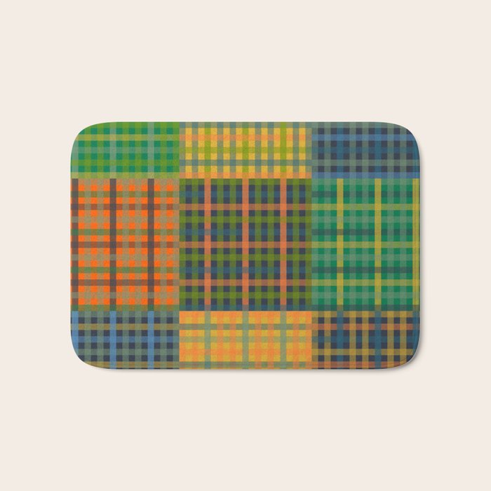 Gingham Patchwork Checkered Plaid Pattern Green Blue Orange Bath Mat Gallery Image 1