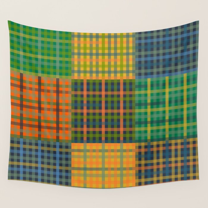 Gingham Patchwork Checkered Plaid Pattern Green Blue Orange Wall Tapestry Gallery Image 4