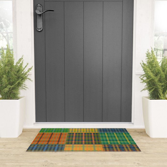 Gingham Patchwork Checkered Plaid Pattern Green Blue Orange Welcome Mat Gallery Image 3