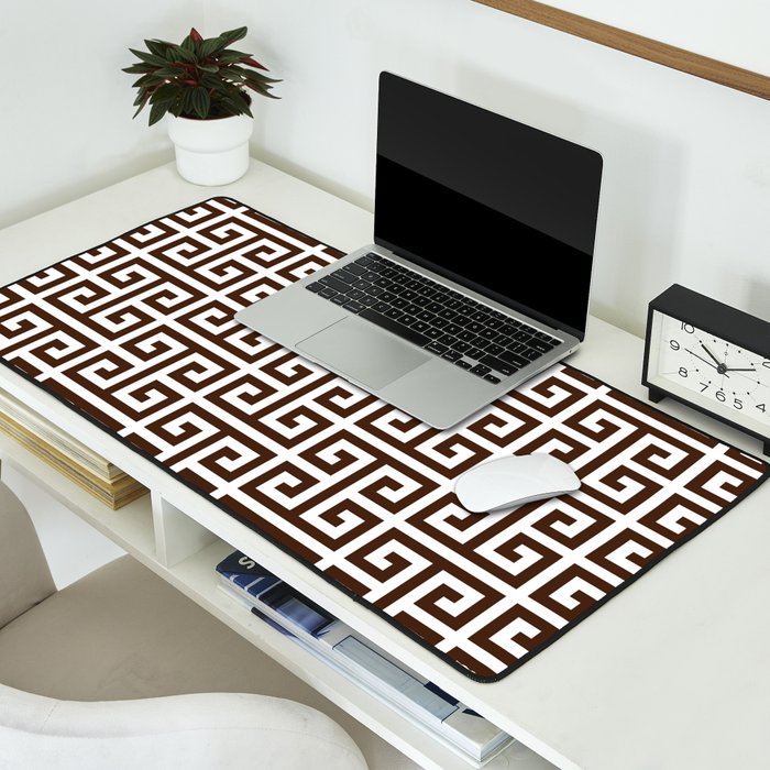 Dark Brown and White Greek Key Pattern Desk Mat Gallery Image 2