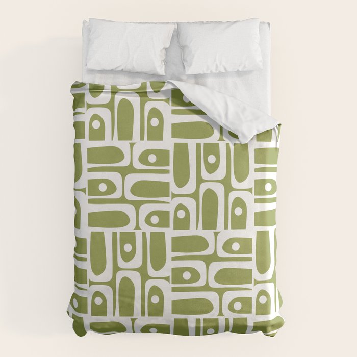 Mid Century Modern Piquet Multi Geometric Pattern in Mid Mod Martini Olive Green and White Duvet Cover Gallery Image 1