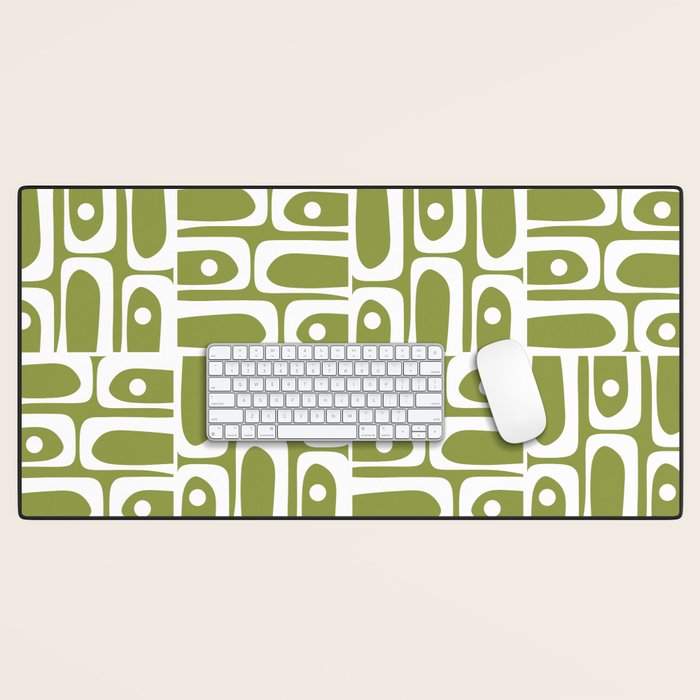 Mid Century Modern Piquet Multi Geometric Pattern in Mid Mod Martini Olive Green and White Desk Mat Gallery Image 1