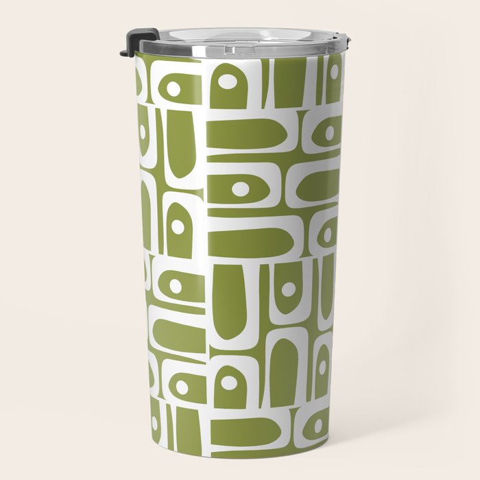 Mid Century Modern Piquet Multi Geometric Pattern in Mid Mod Martini Olive Green and White Travel Mug Gallery Image 3