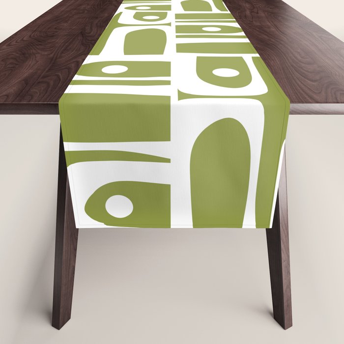 Mid Century Modern Piquet Multi Geometric Pattern in Mid Mod Martini Olive Green and White Table Runner Gallery Image 1