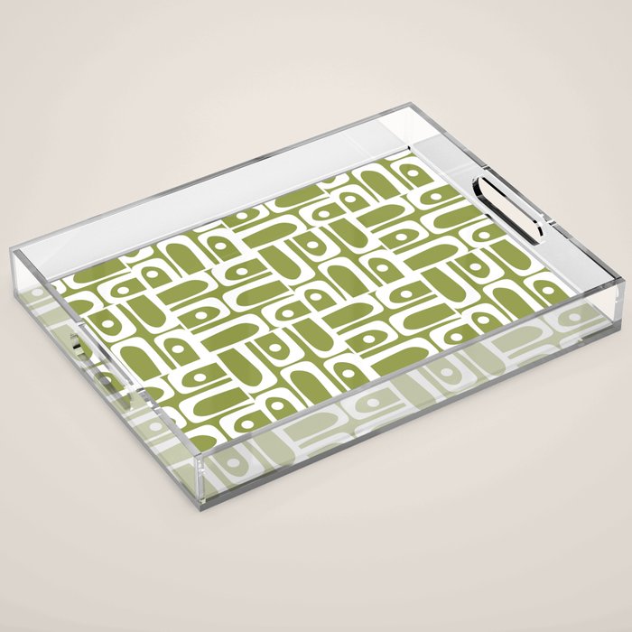 Mid Century Modern Piquet Multi Geometric Pattern in Mid Mod Martini Olive Green and White Acrylic Tray Gallery Image 1