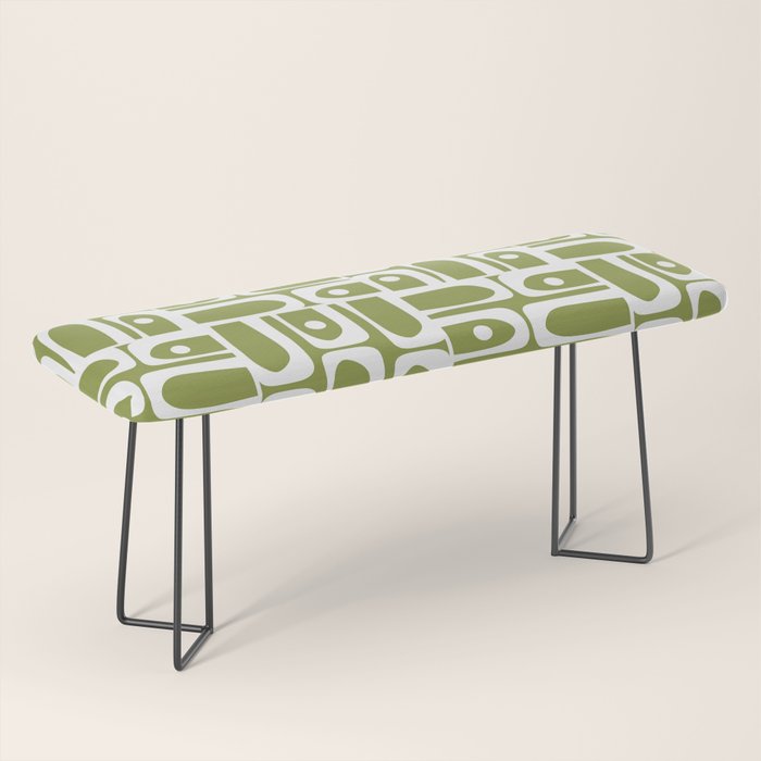 Mid Century Modern Piquet Multi Geometric Pattern in Mid Mod Martini Olive Green and White Bench Gallery Image 1