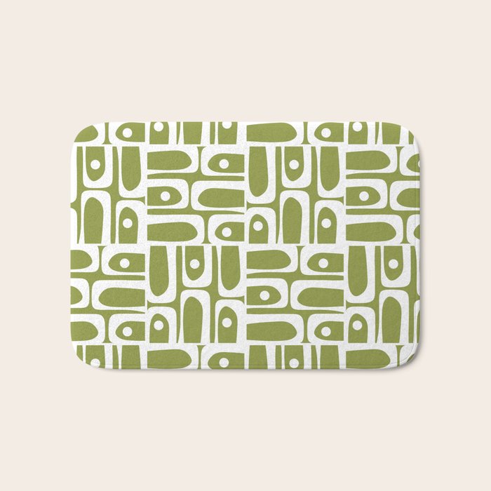 Mid Century Modern Piquet Multi Geometric Pattern in Mid Mod Martini Olive Green and White Bath Mat Gallery Image 1