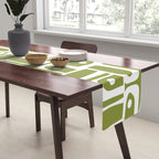 Mid Century Modern Piquet Multi Geometric Pattern in Mid Mod Martini Olive Green and White Table Runner Gallery Image 2