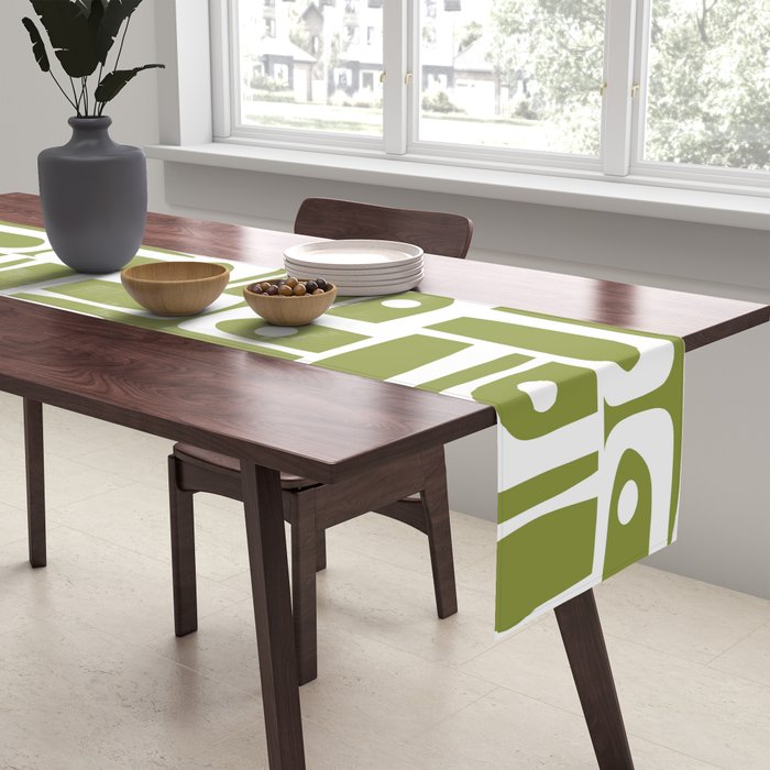 Mid Century Modern Piquet Multi Geometric Pattern in Mid Mod Martini Olive Green and White Table Runner Gallery Image 2